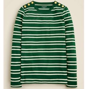 J Crew Perfect Fit Long Sleeve Crewneck Tee Hunter Green & White Stripes SZ M